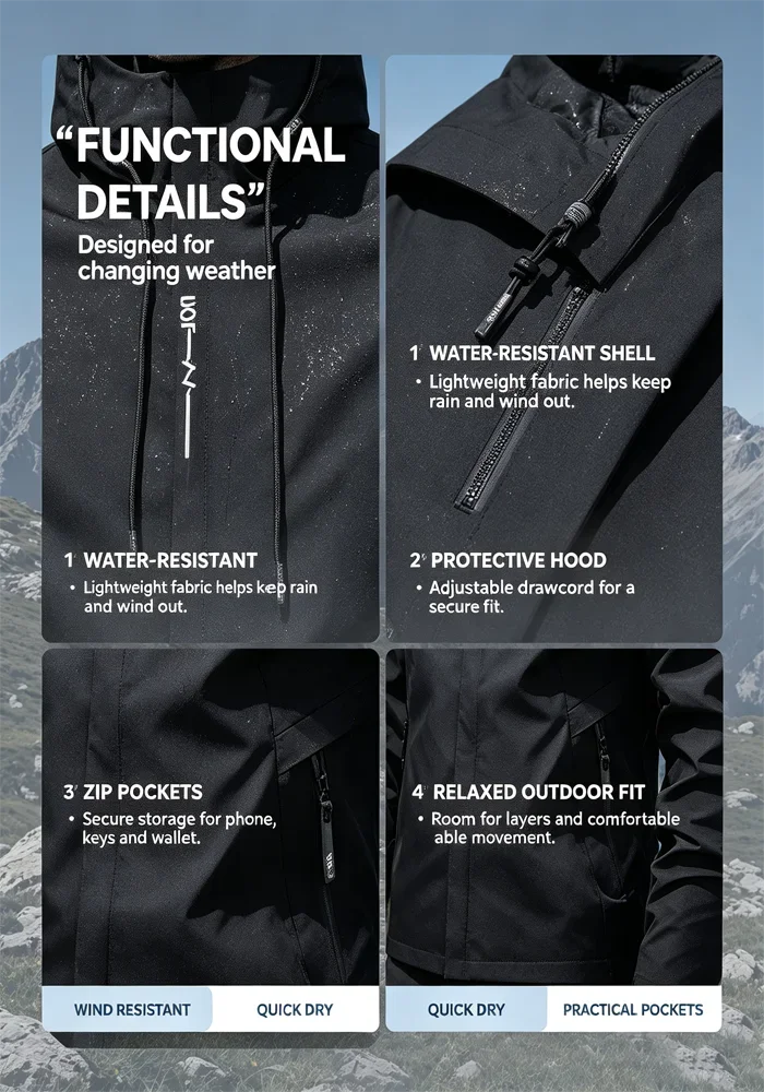 Wasserdichte Herrenjacke, für Outdoor-Aktivitäten, winddicht, zum Wandern, Klettern und für andere Freizeitaktivitäten. – Detail 5