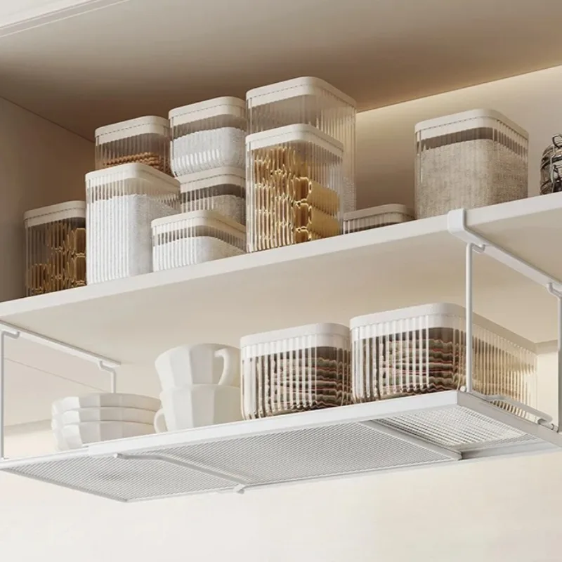 

Adjustable Cabinet Under Shelf - Kitchen Storage Rack with Hooks, Spice Organizer, Space-Saving Basket, Wall Mounted