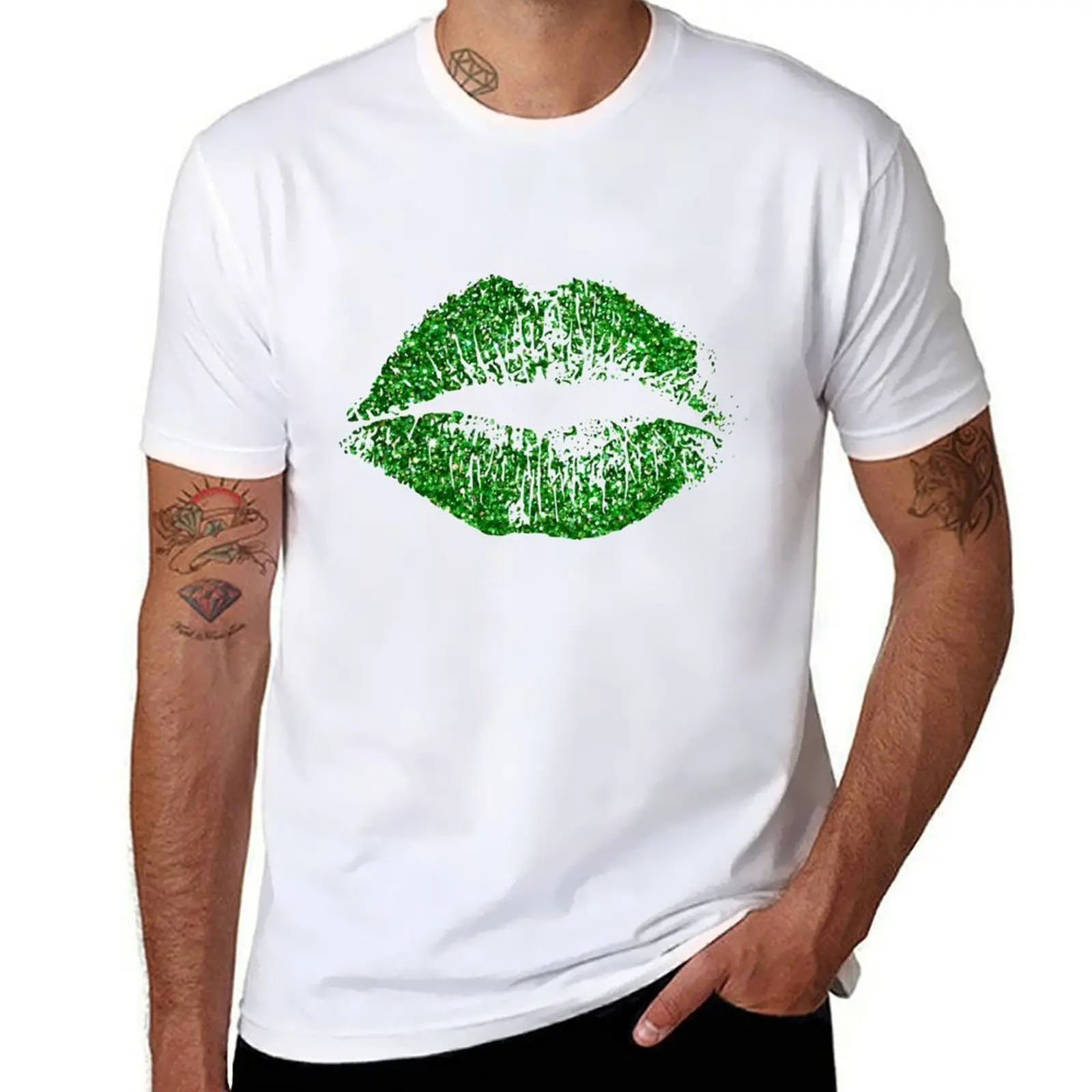 

Stylish Green Glitter Lips T-Shirt man t shirt graphic cotton t shirts man 100% T-Shirt