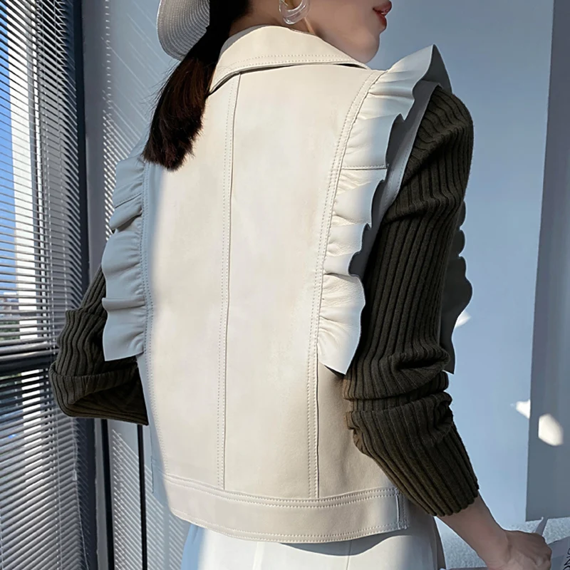 White Clothing French Fashion 2022 Winter Women Vest Female Sleeveless Garment Thin Retro Ruffled Genuine Leather Gelit Casacas