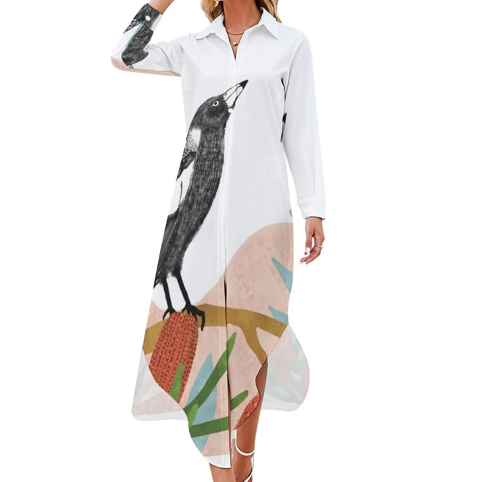 

Australian Magpie amongst Banksia Flowers Long Sleeved Shirt Dress birthday dresses for women