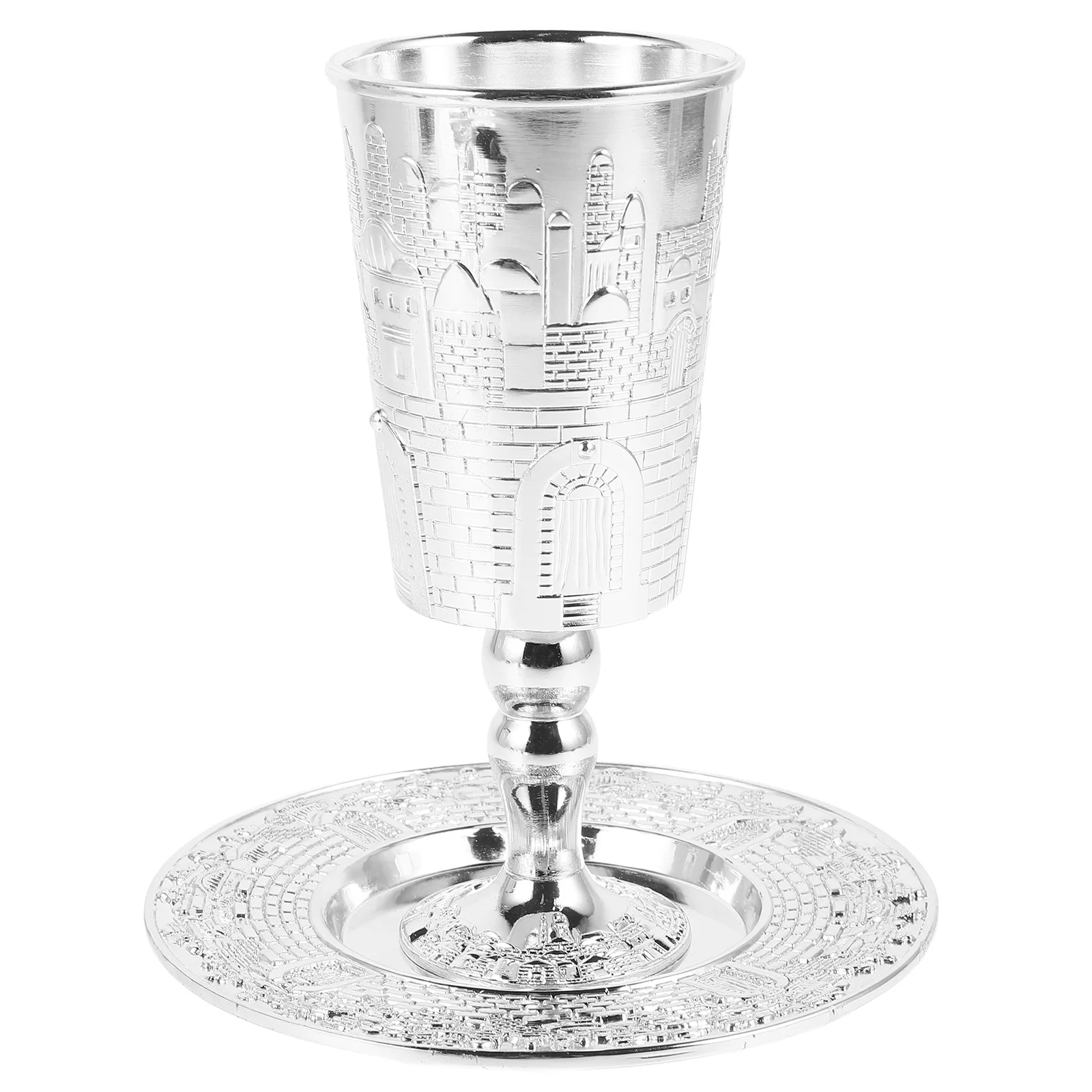 

Jewish Holy Grail Silver Tray Cups Glass Judaica Shabbos Zinc Alloy Shabbat Passover