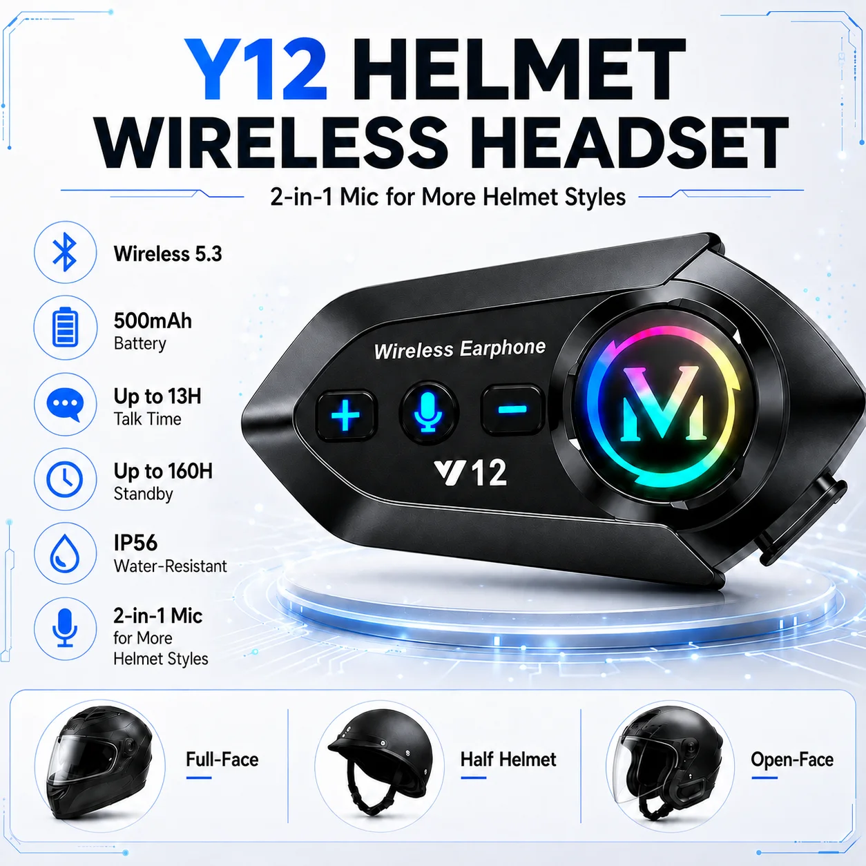 Y12 Dual Mic Motorcycle Helmet Headset, Waterproof Wireless Hands-Free Call MP3 Music Player Speaker Earphone