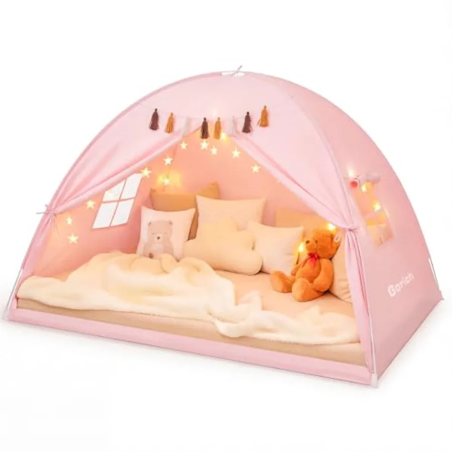 

Twin Bed Tent for Indoor Privacy Toddler Sleeping Canopy with Mesh Window Fits Bunk or Floor Bed Include Star Lights and Tassel