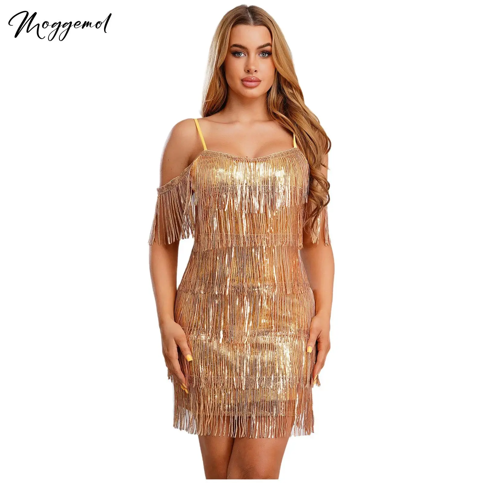 

Womens Latin Tango Dance Dress Glittery Sequins Tiered Tassel Sleeveless Mini Dress Salsa Rumba Chacha Proms Disco Club Costume