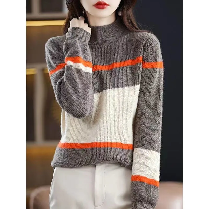 

New Spring Fashion Korean Edition Color Block Half High Neck Loose Versatile Slim and Fashionable Long Sleeve Knitted Sweater