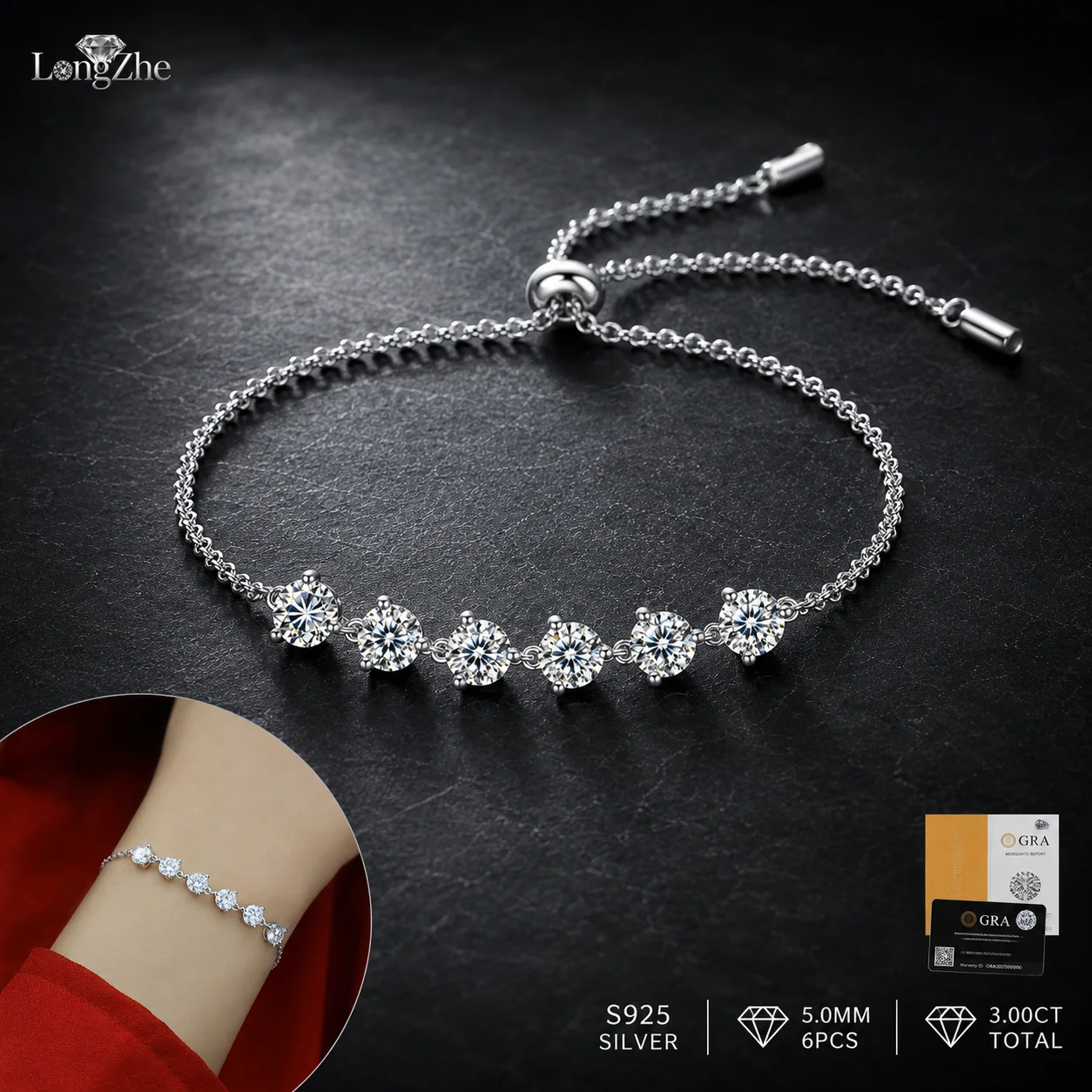 LongZhe S925 Silver Moissanite Slider Bracelet 3CT 5mm 6PCS GRA Certified Diamond Tester Passed Fine Jewelry Gift