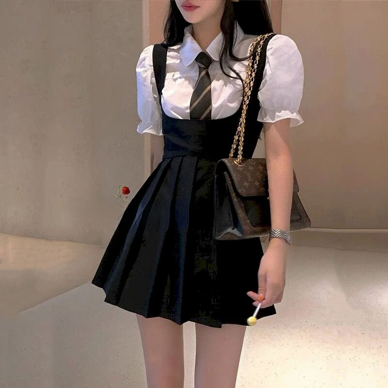 Waitress Work Clothes Black Dress Strap Dress Women Summer Hot Girl Jk Uniform Sling Pleated Skirt Puff Sleeve Shirt Two-piece