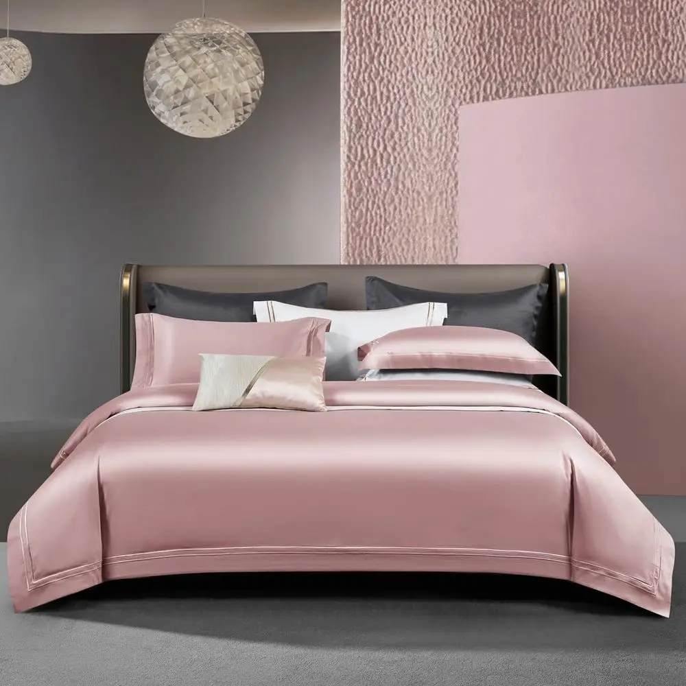 

Cotton Nordic Duvet Cover Set with Embroidered Stripes, 600 Thread Count, Pink King Size