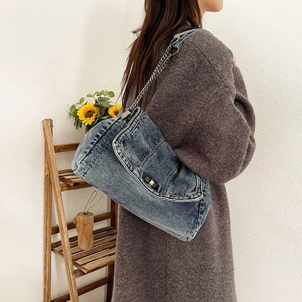 

Shoulder Bag Denim Canvas Bag Metal Chain Large Capacity Vintage Handbag Street Style Solid Color Solid Crossbody Bag Outdoor