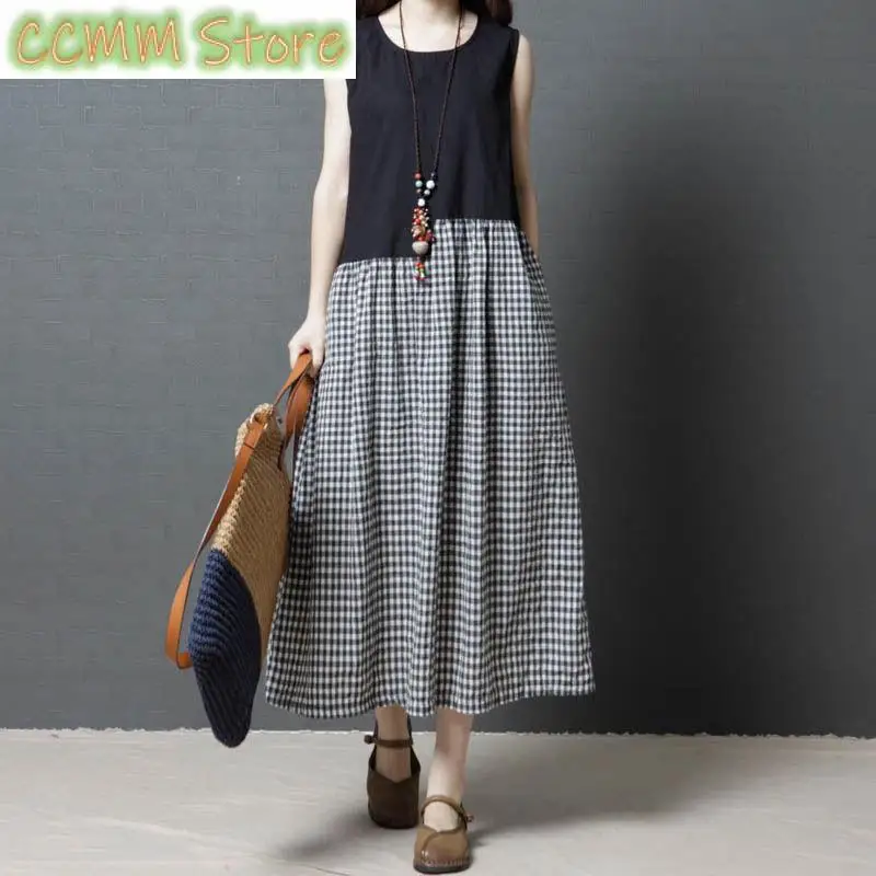 

Fashion O-Neck Spliced Loose Printed Plaid Sleeveless Dress Women's Clothing Summer New Oversized All-match Casual Dresses