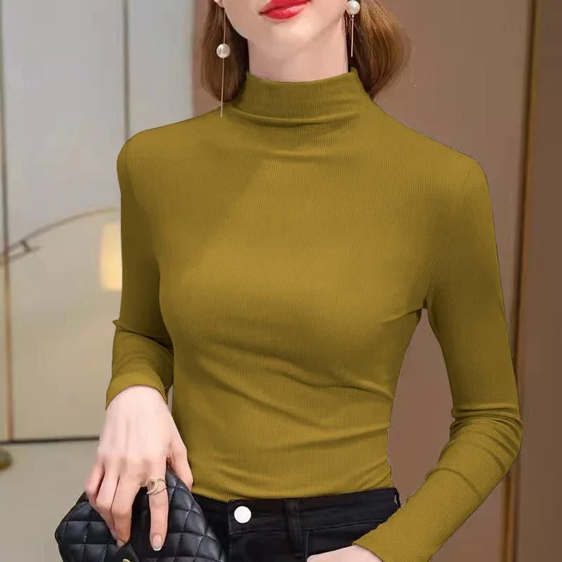 Women's Elastic Half High Collar T-Shirt Solid Ribbed Tops Long Sleeve Tight Bottom Basic Shirt Casual Clothing Autumn