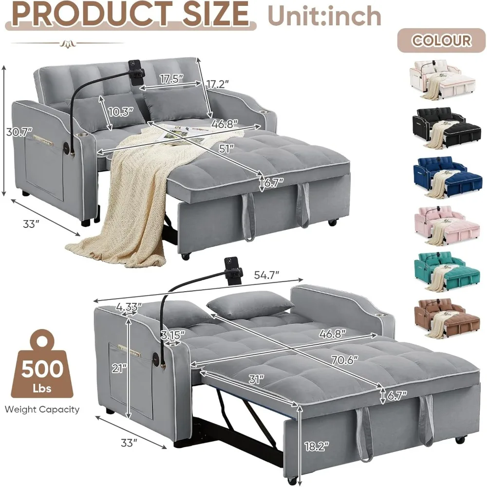 أريكة سرير مع منفذ USB ونوع C، أريكة فوتون حديثة 3 في 1 قابلة للتحويل بمقعدين مع حامل هاتف