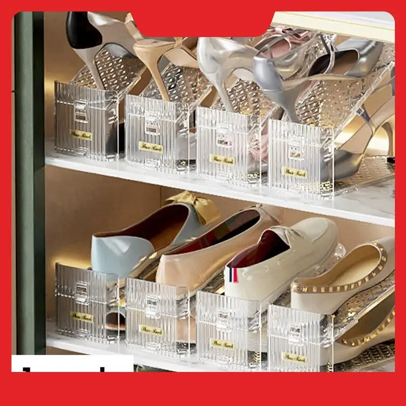 Shoe Slots Organizer, Adjustable Level Shoe Rack, Space-Saving Stackers For Pairs Of Shoes (Clear, 3 Pack)
