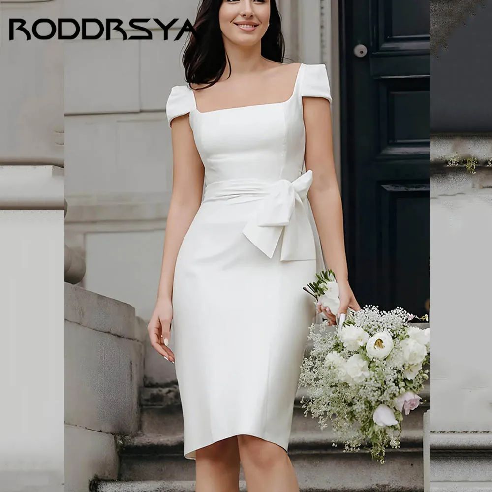 RODDRSYA Bodycon Knee-length Wedding Dresses Square Neck Short Sleeves Occasions Gowns Simple Satin vestidos de novia Customized