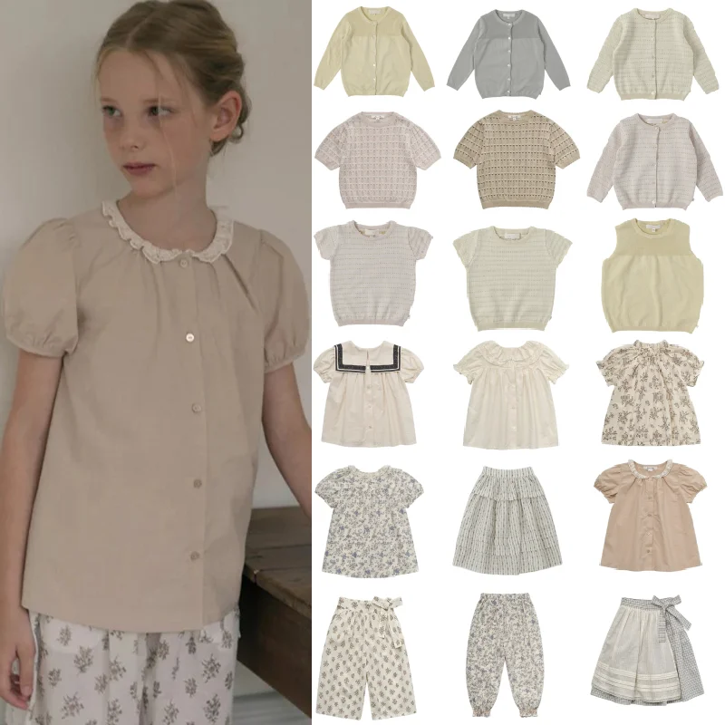 

Girls' Shirt 2026 Summer New Arrival: Floral Print Fashionable Children's Shirt, Cotton, Yellow Cute Knit Short-Sleeve Skirt Set