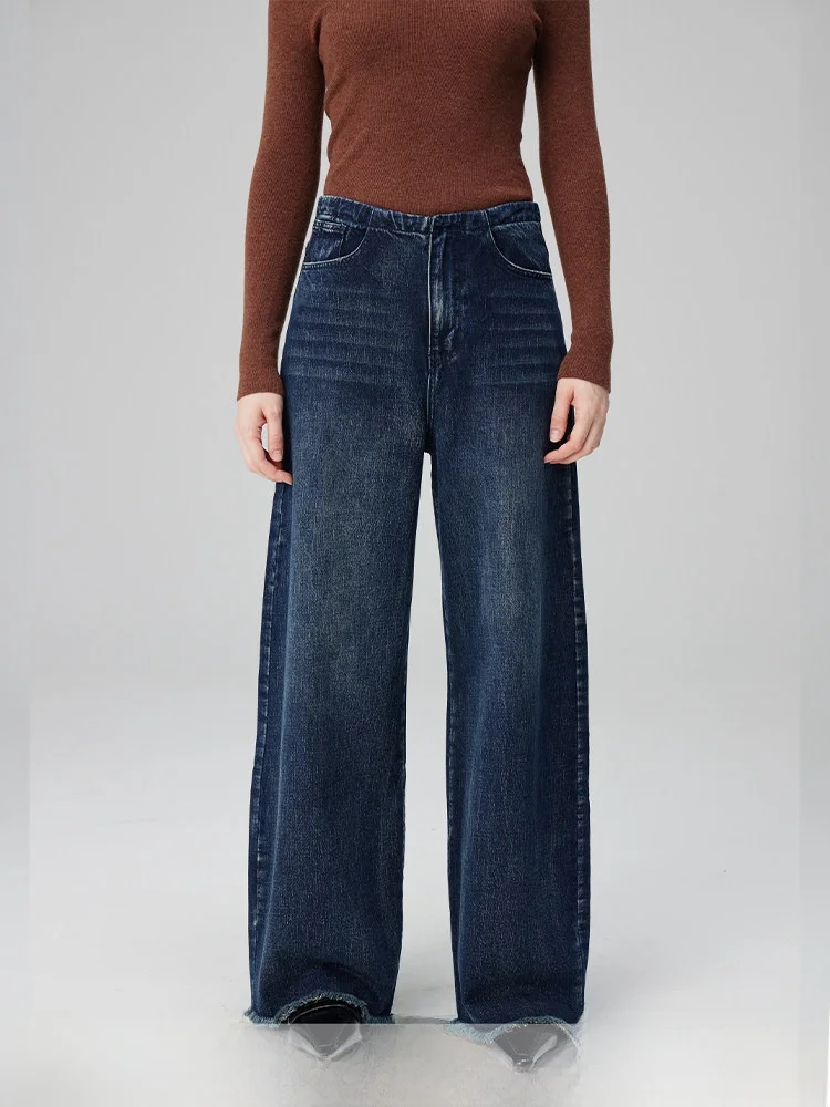 

Classic High Waist Wide Leg Jeans Loose Slimming High Risen Frayed Long Cotton Stretch Denim Blue Color Women's Autumn Faion