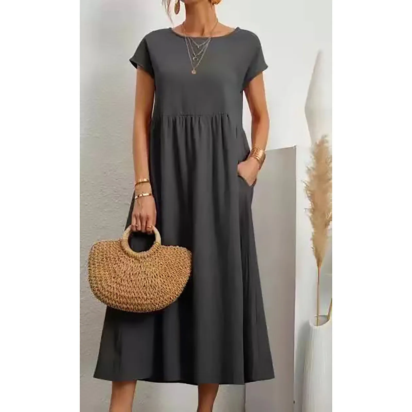 

Women Elegant Solid Maxi Dress Summer Short Sleeve O Neck Vintage Harajuku Cotton Linen Loose Sundress Y2K Pleated Long Dress