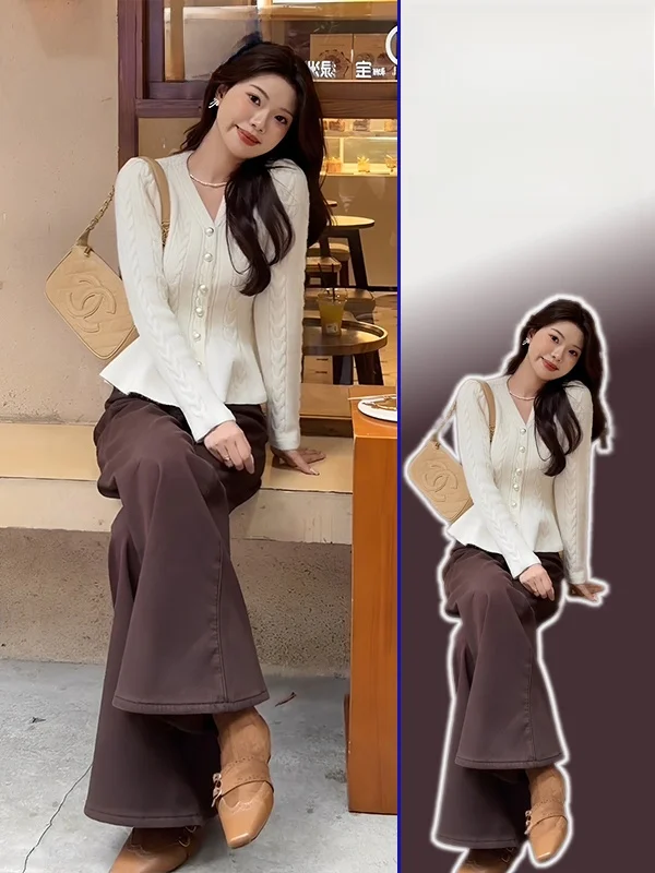 

Мягкий вязаный кардиган с жемчужными пуговицами для женщин больших размеров, с V-образным вырезом, длинными рукавами, облегающий, с элегантным подолом