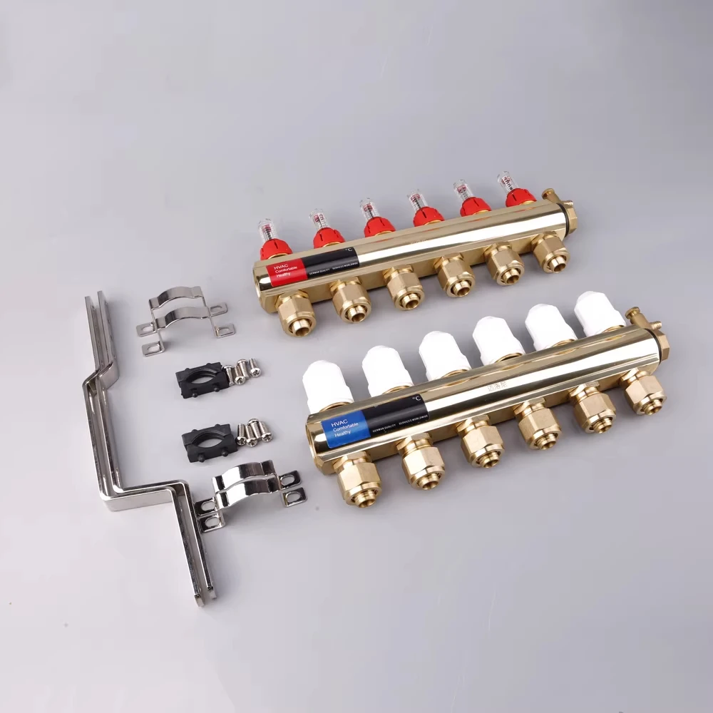 Brass profile floor heating manifold with visual float flow meter and adjustable temperature control