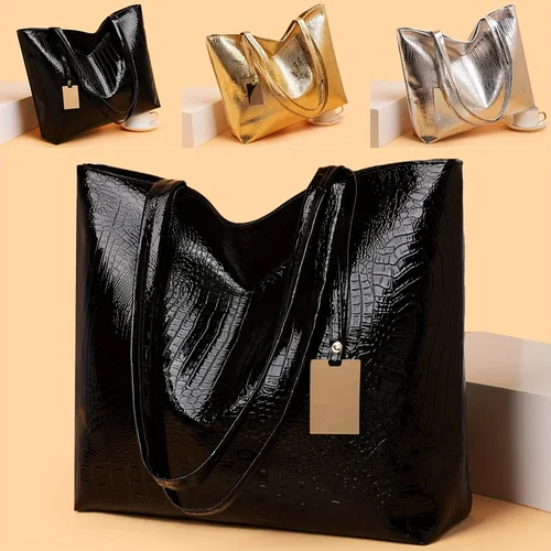 Imagen 2 del producto Bolso de mano vintage para mujer, bolso de hombro de gran capacidad con cierre de cremallera, bolsos con acabado metálico para el trabajo, fiestas