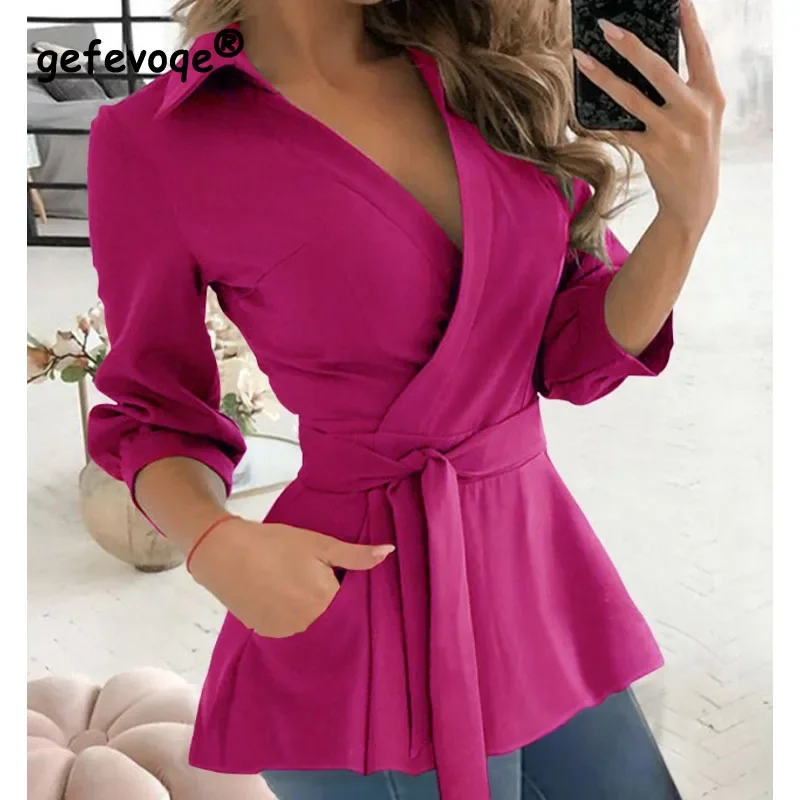 2023 Autumn New Women's Fashion Elegant Commuting POLO Shirt Comfortable and Versatile Printed Long Sleeve V-Neck Belt Shirt