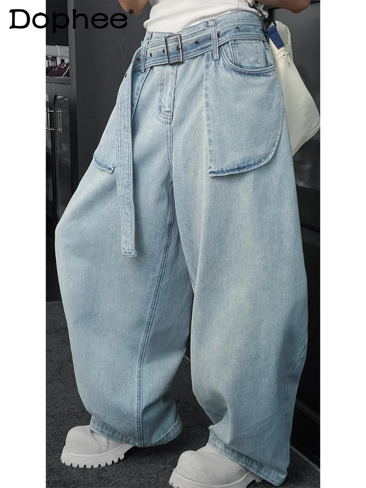 

Men's 2026 Spring New Belt Pocket Decorative Jeans Men's Trendy Loose Comfort Denim Trousers Simple Chic Solid Color Denim Pants