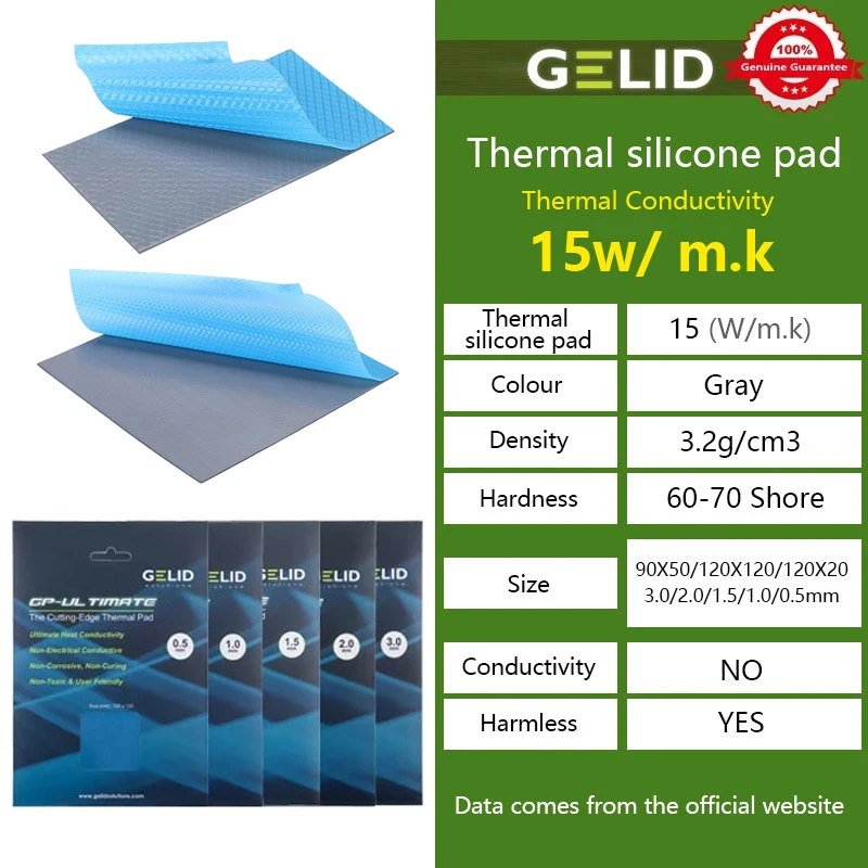 Gelid gp-almofada térmica final 15w/mk cpu/gpu gráficos placa-mãe silicone graxa almofada de dissipação de calor silicone multi-tamanho