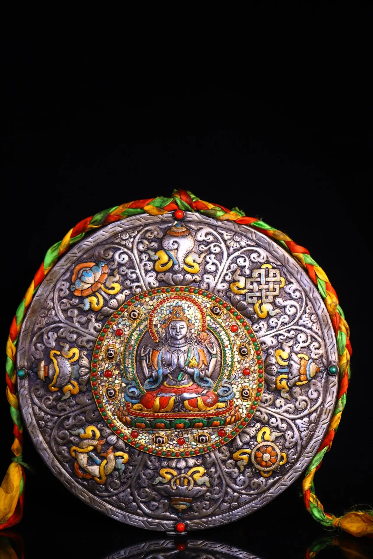 

16"Tibetan Temple Collection Old Tiantie Painted Mosaic Gem gZi Beads Shell Four armed Guanyin Buddha Thangka Worship Hall