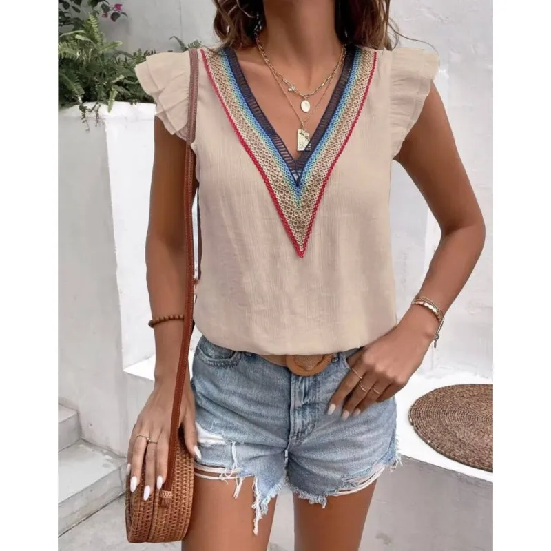 2025 New Women's Shirt V-neck Patchwork Lace Elegant Lotus Leaf Sleeve Shirt Women's Summer British Daily Simple Casual Top 