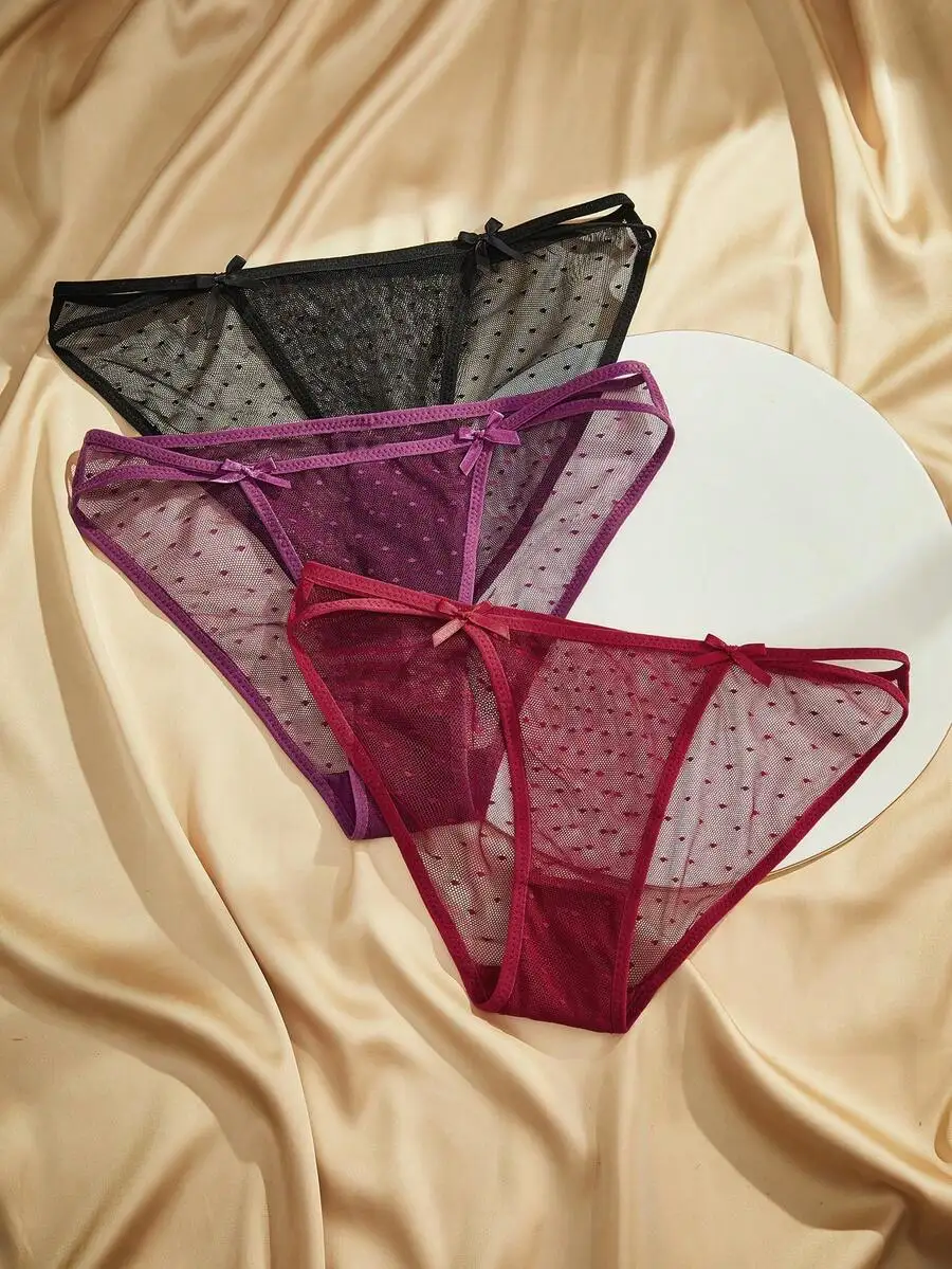 

Womens Mesh Triangle Panties With Bowknot Decorated 3 Pieces Set