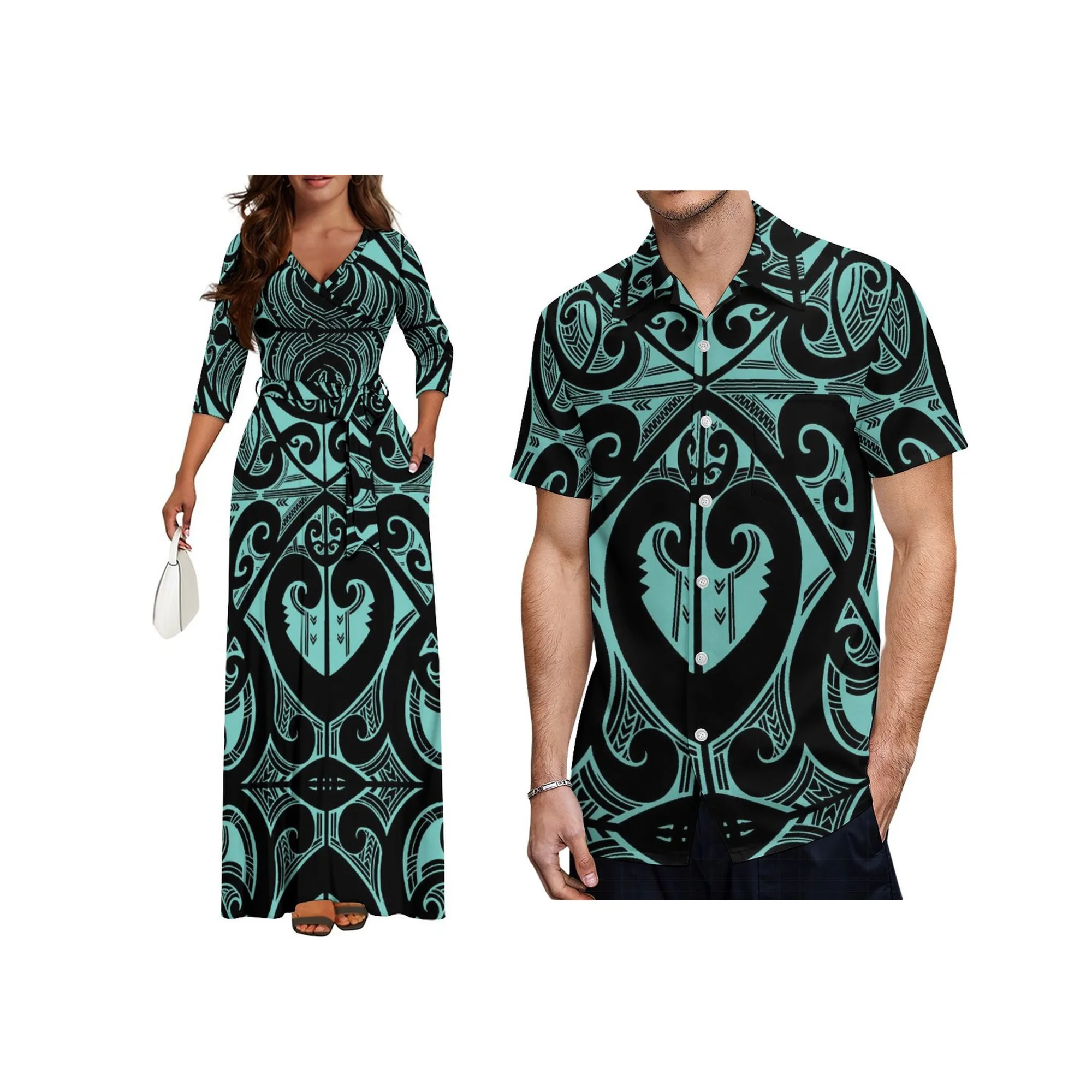 

2026 New Style Women Elegant V Neck Belt Ladies Long Dress Custom Tie-Up 3/4 Sleeve Polynesian Dress Plus Size Women Clothing