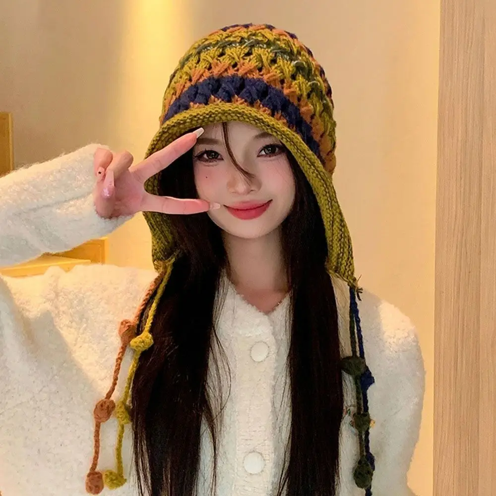 Fashion Rainbow Striped Knitted Woolen Hat Tassel Ethnic Style Ear Protection Cap Windproof Keep Warm Winter Bomber Cap Outdoor