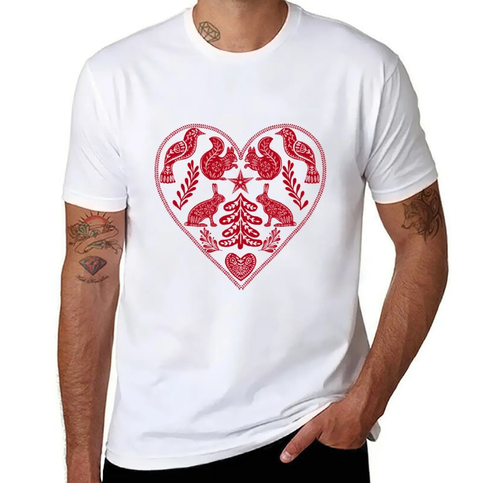 

Scandi folk art Christmas forest heart red T-Shirt summer tops boys animal print anime figures mens cotton t shirts