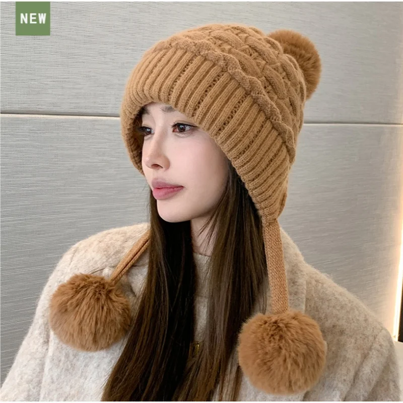 

Lazy Thickened Double-Layer Ear-Warming Cold-Proof Rabbit Fur Beanie for Women with Fleece Lining and Face-Covering Knit Hat