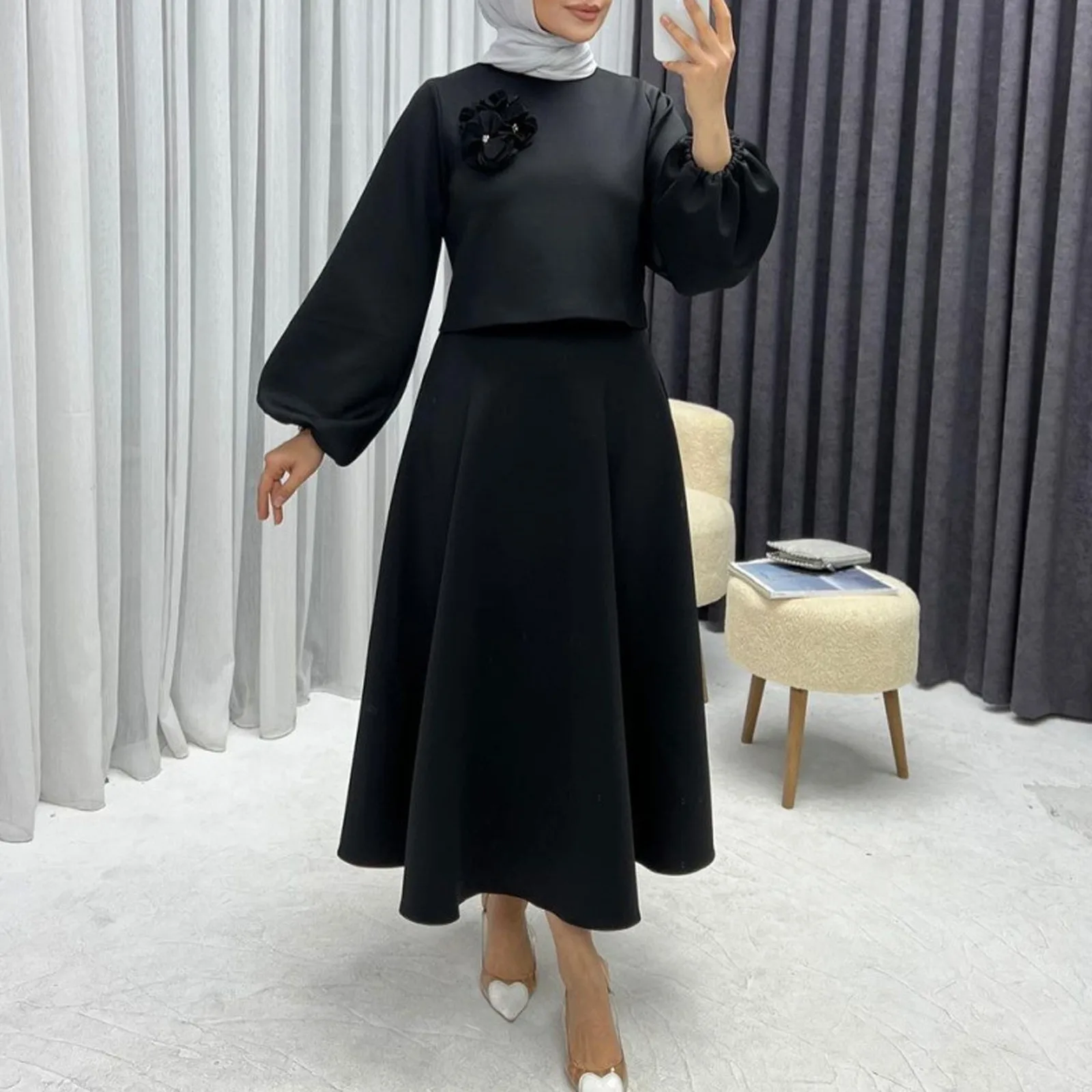 

2024 Muslim Floral Solid Skirts Two-piece Set Women Ramadan Prayer Dubai Turkey Middle East Long Lantern Sleeve Top Skirt Suit