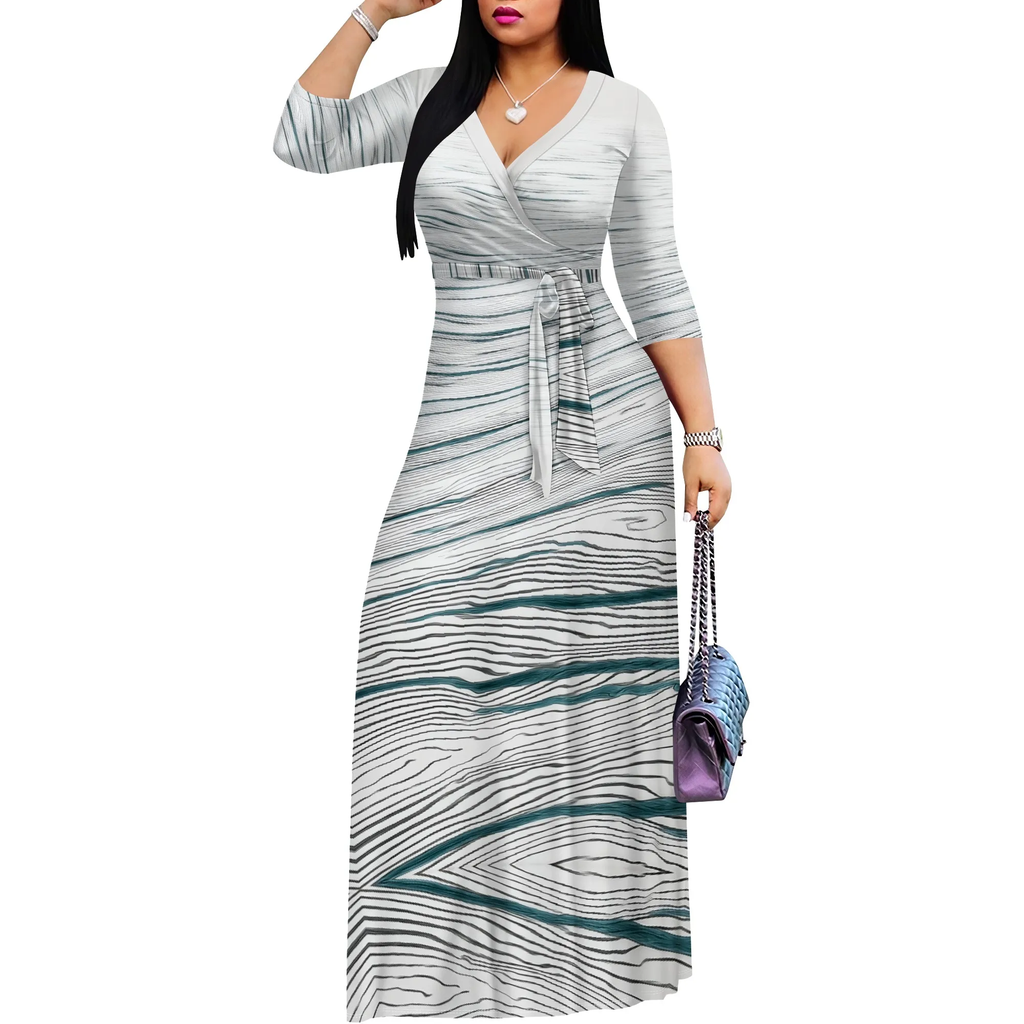 Wrap Maxi Dress with Abstract Marble Print, 3/4 Sleeves & Tie Waist, S-3XL – Perfect for Casual Outings & Special Occasions
