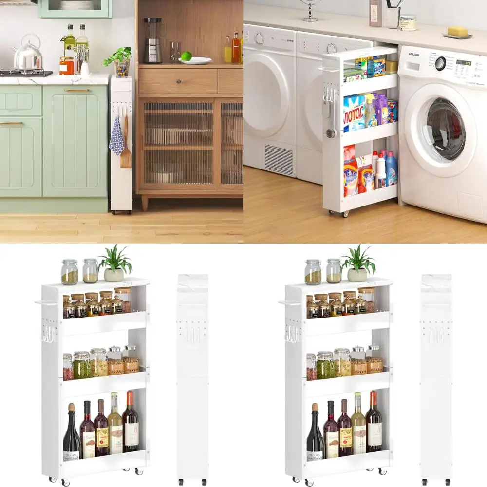 

White 4-Tier Slim Rolling Storage Cart with Wooden Top for Kitchen, Bathroom, and Laundry - 5 Wide for Narrow Spaces