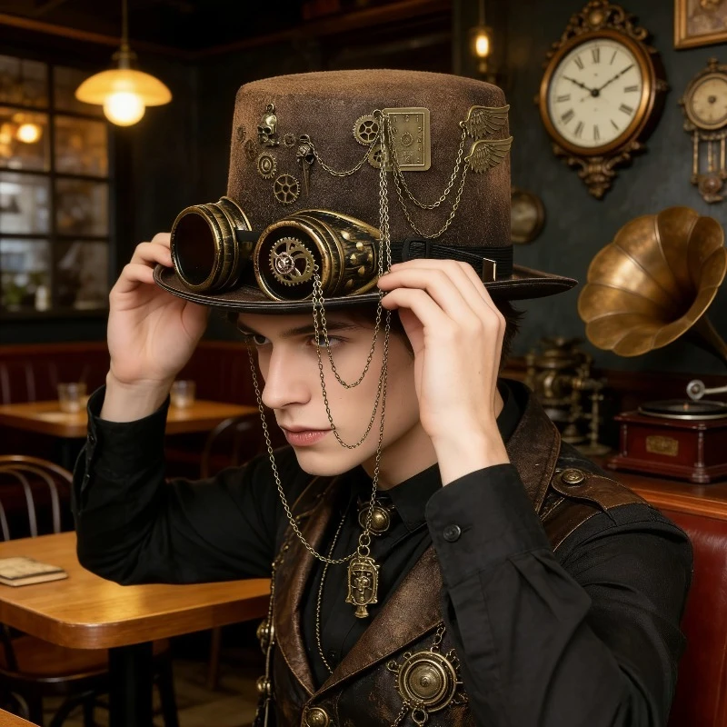 

Винтажный фетровый шляпный комплект в стиле стимпанк для женщин: коричневый фетровый шляпный костюм с очками для косплея и маскарадных мероприятий