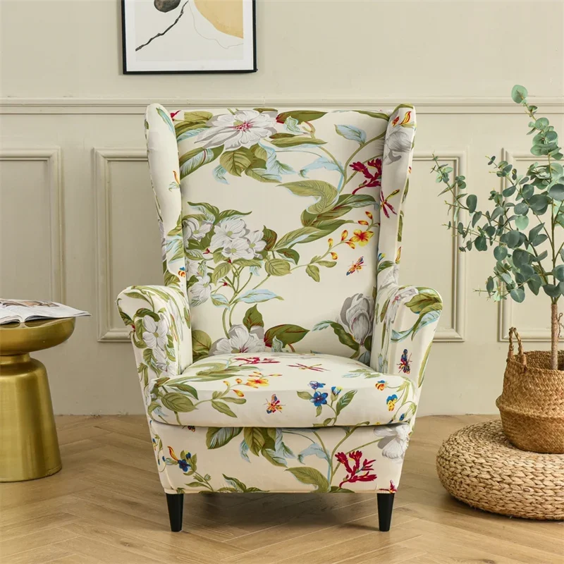 Floral Printed Wing Chair Cover Stretch Spandex Armchair Covers Nordic Removable Relax Sofa Slipcovers With Seat Cushion Covers