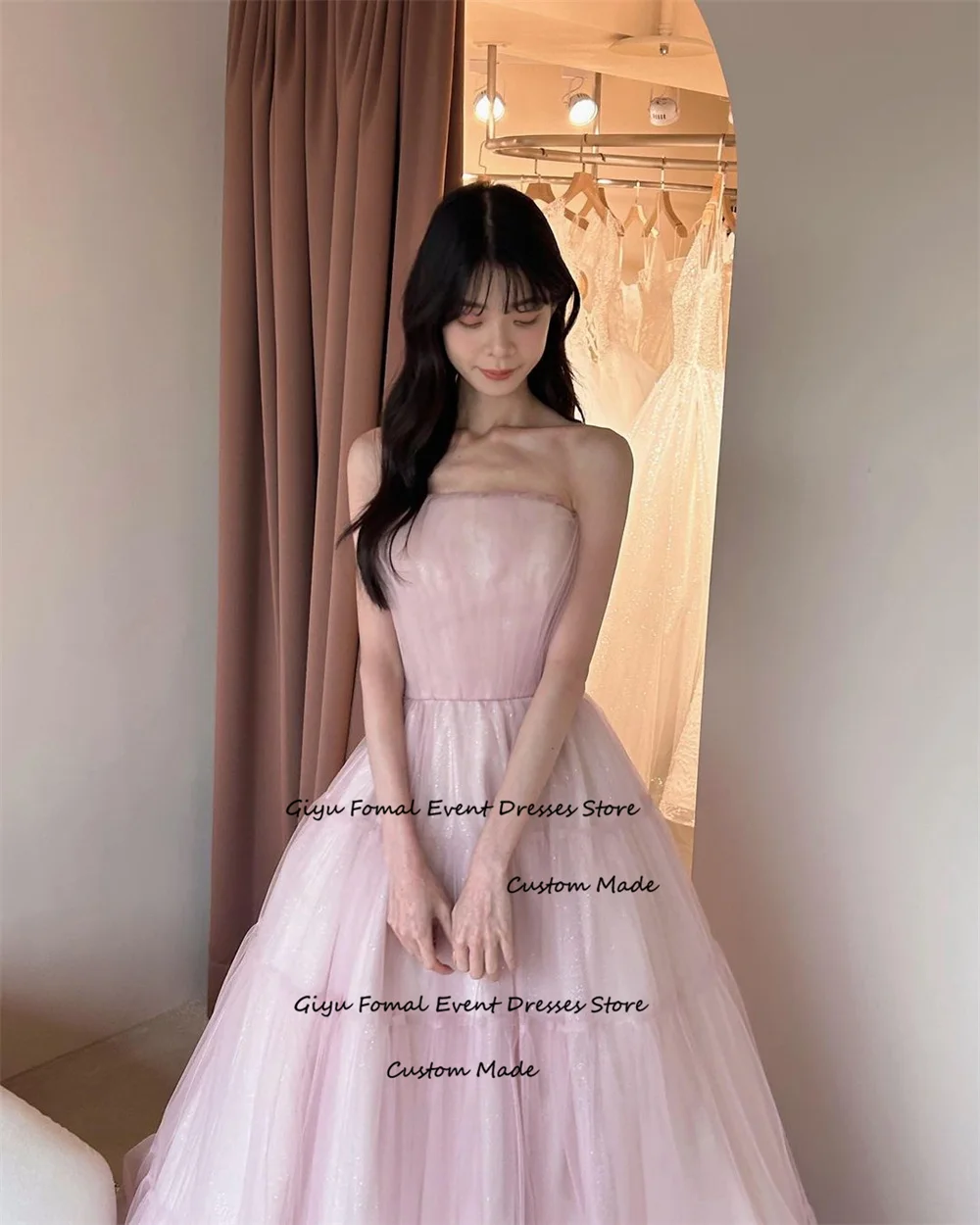 Giyu fata rosa corea abito da sposa servizio fotografico a-line senza spalline drappeggiato lunghezza del pavimento abiti da laurea abito da sera