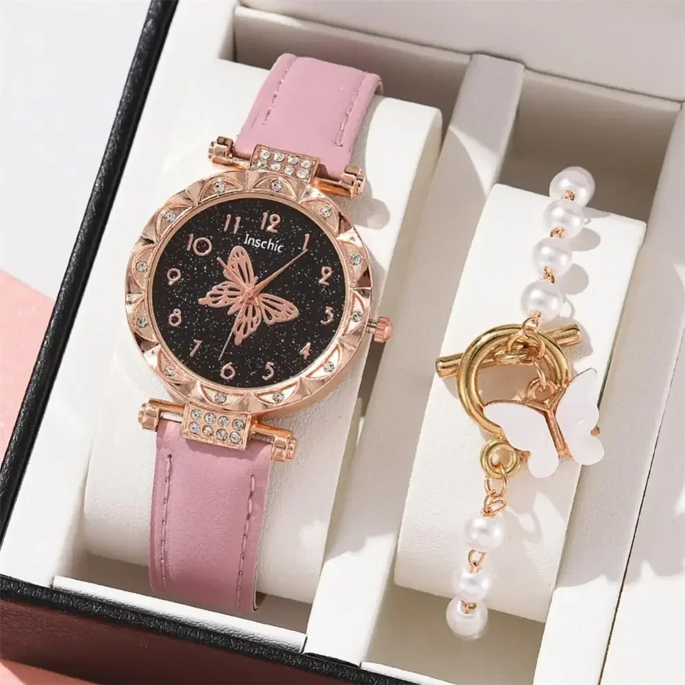Women Fashion Watch 2 PCS Set Quartz Wristwatch Luxury Crystal Rhinestone Pearl Quartz Watches Butterfly Watches Bracelet Set