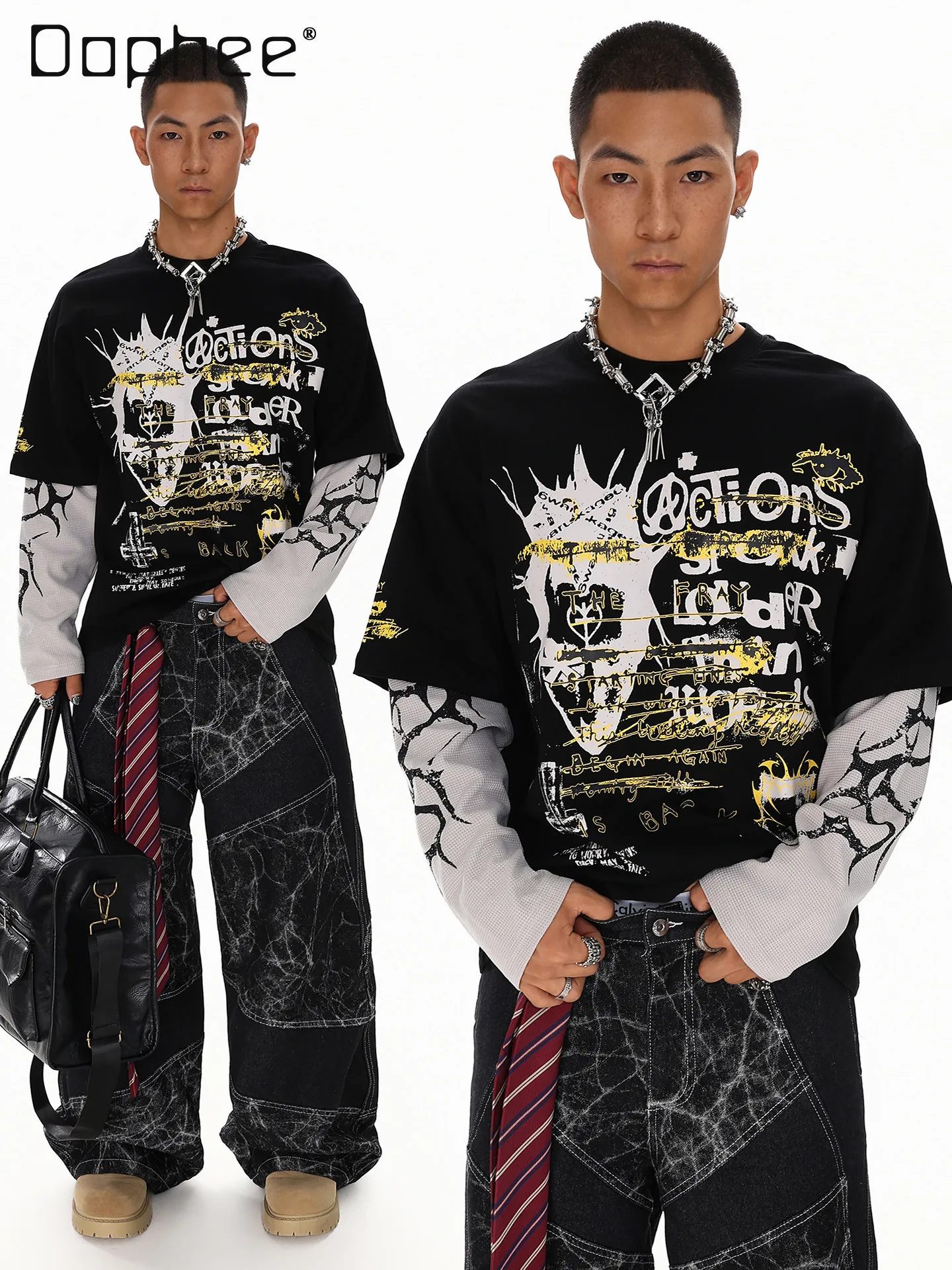 

Spring and Autumn American Street Hip-Hop Gothic Style Round Neck Fake Two-Piece Long Sleeve Men's Loose Casual Black T-Shirt