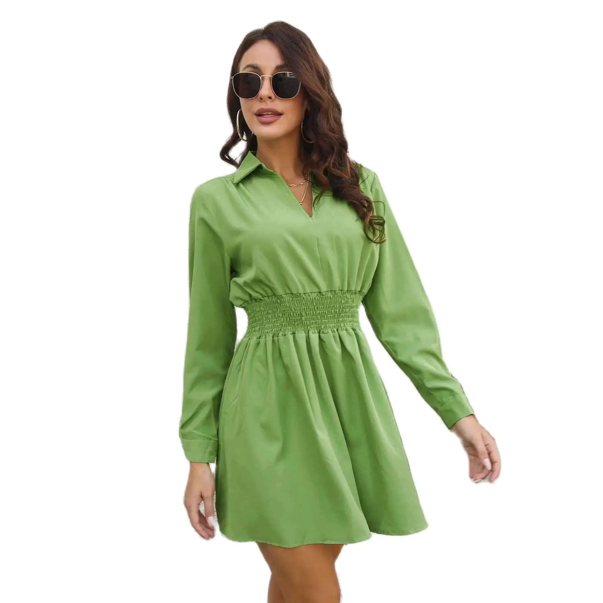 

Casual Solid Color Shirt Collar Dressed For Women's Cable Tied Waist Thin Loose Slim Mini Dresses Lady Fashion V-Neck Dress New