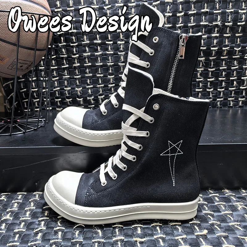 

Owees Design Rick Black Thick Bottom Increase Dark Men Embroidery Canvas Shoes Casual Short Boots Female Board Shoes Designer