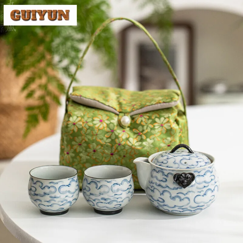 Hand-painted Auspicious Cloud Tea Set Boutique Portable Travel Hand-grasp Pot Set Vintage Teapot and Tea Cup Set Drinkware Craft