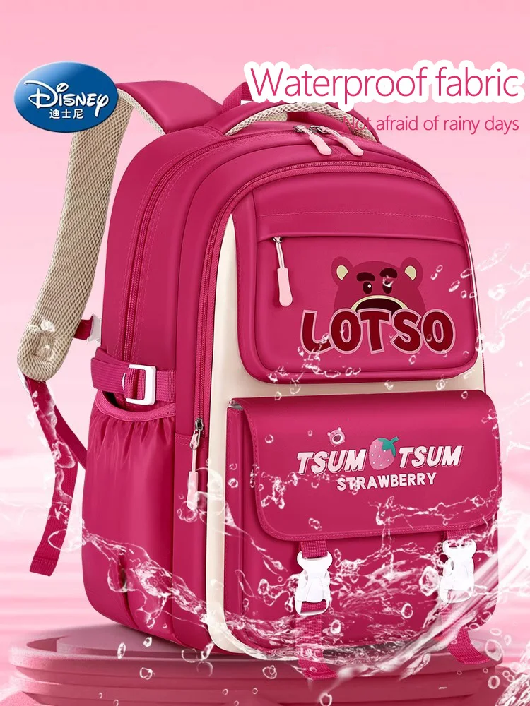 Ransel kartun Disney Lotso anak perempuan 6-15 tahun, tas punggung kapasitas besar siswa merah muda stroberi untuk anak perempuan 6-15 tahun