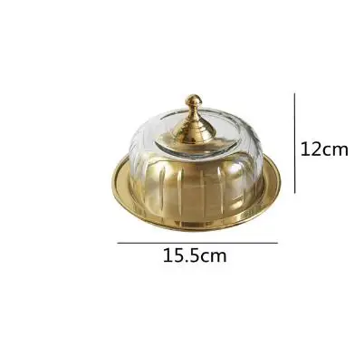 Brass Cake Pan Transparent Glass Cover Golden Tray Stand Dim Sum Dish Fruit Plate Dessert Display Storage Trays