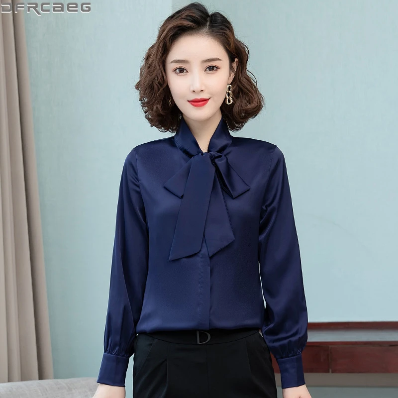 Elegant Office Lady Blouses Women 2022 Fashion Korean Lace Up Bow Satin Shirt Solid Long Sleeve Tops Femme Blue Red Black Pink