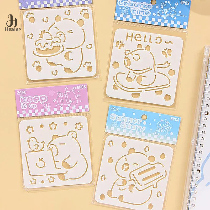 6Sheets Cute Hollow Out Capybara Painting Dies Stamps Stencils DIY Scratch Stamp Painting Template Hand Painting Template